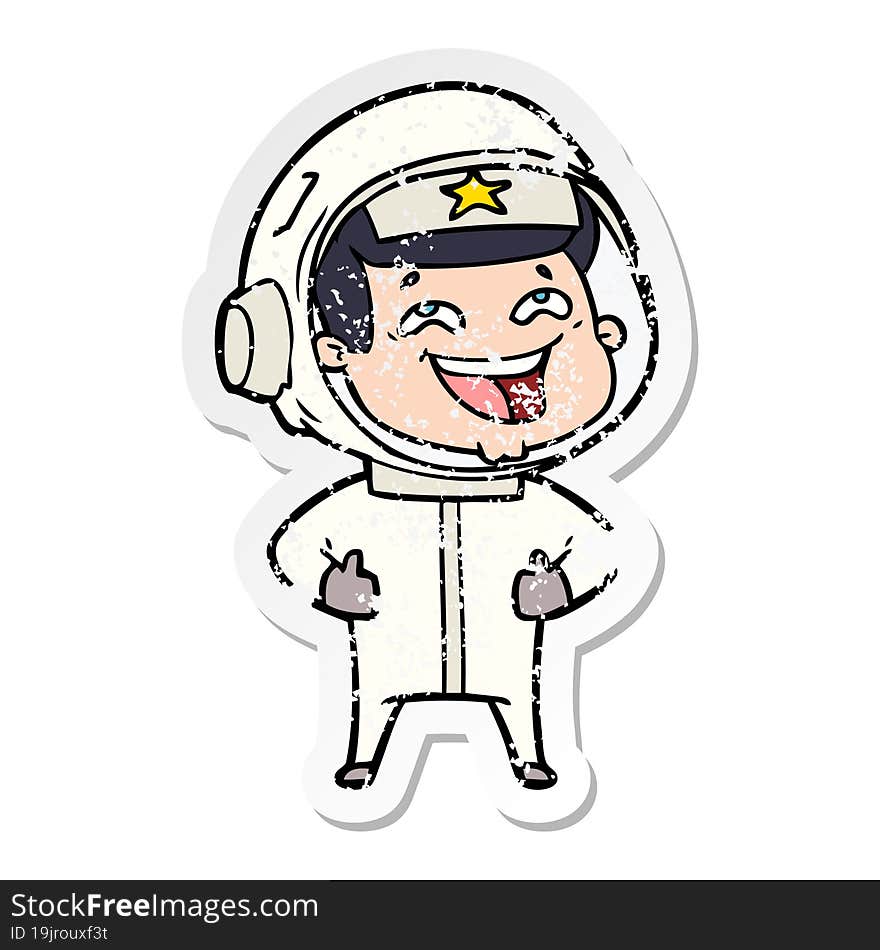 distressed sticker of a cartoon laughing astronaut