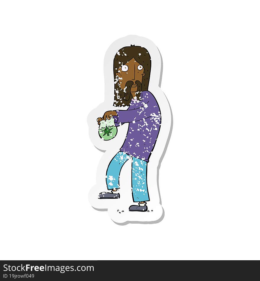 retro distressed sticker of a cartoon hippie man with bag of weed