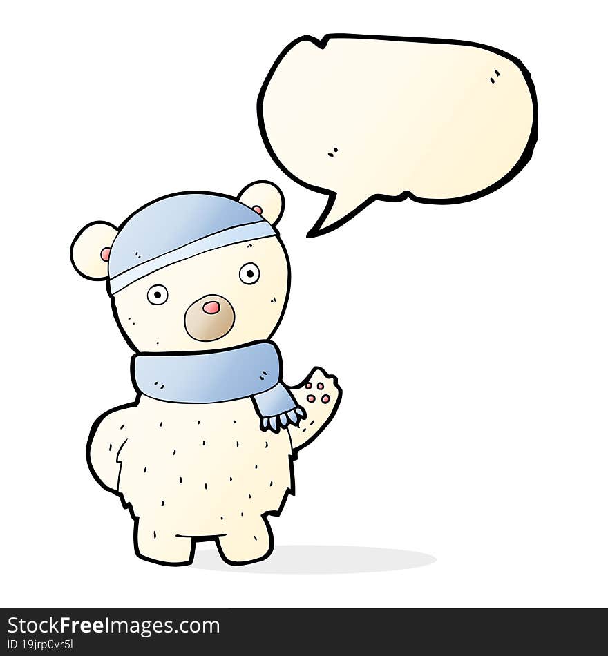 cartoon polar bear in winter hat and scarf with speech bubble