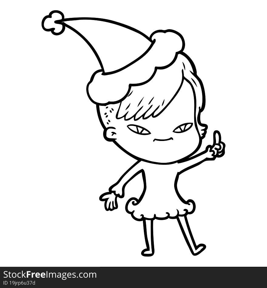 cute line drawing of a girl with hipster haircut wearing santa hat