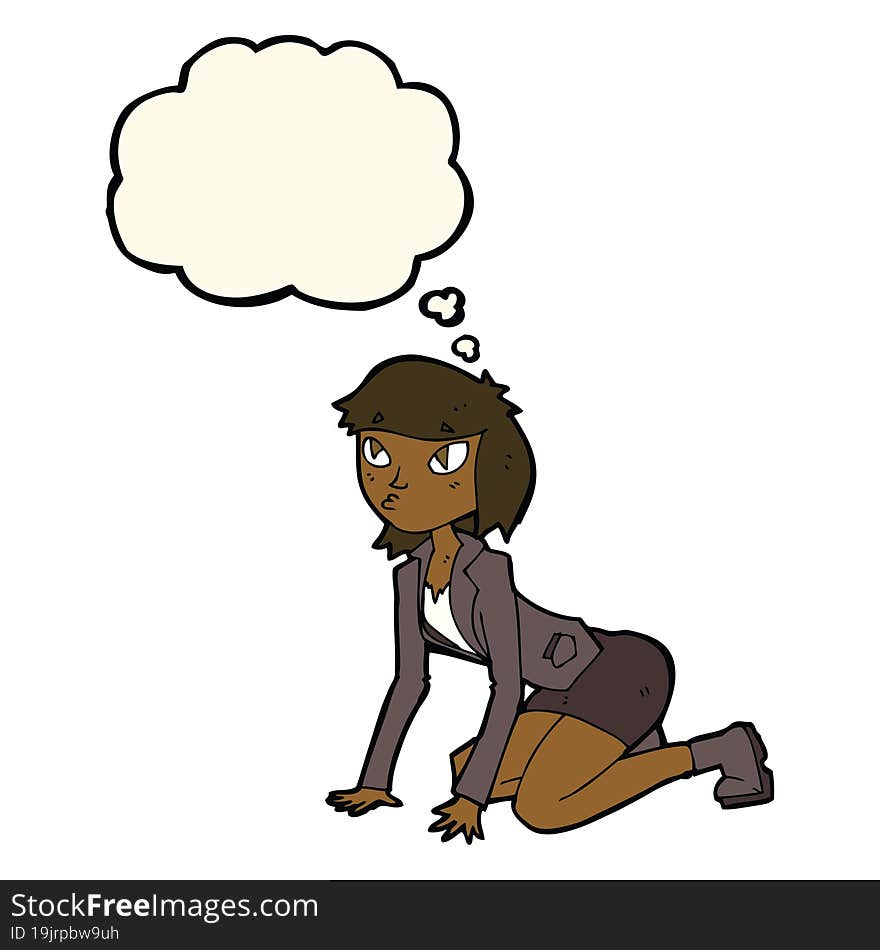 cartoon woman on hands and knees with thought bubble