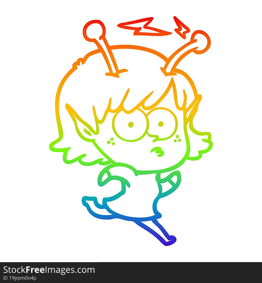 rainbow gradient line drawing of a cartoon alien girl