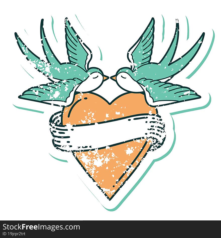 iconic distressed sticker tattoo style image of swallows and a heart with banner. iconic distressed sticker tattoo style image of swallows and a heart with banner