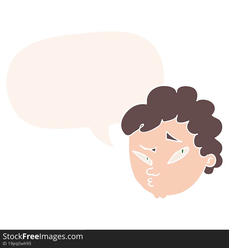 cartoon suspicious man and speech bubble in retro style