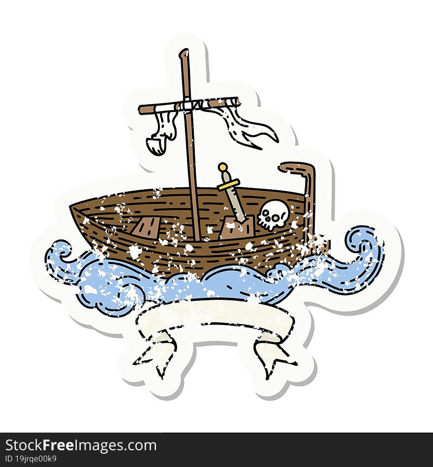 grunge sticker of tattoo style empty boat with skull