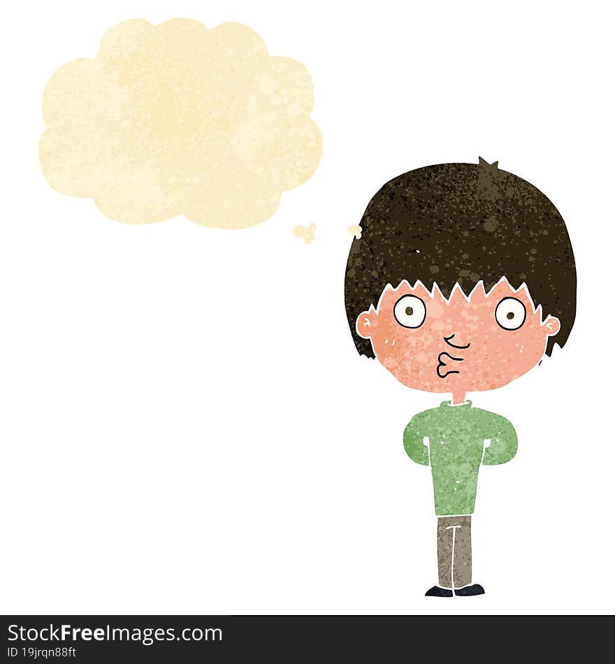 cartoon whistling boy with thought bubble