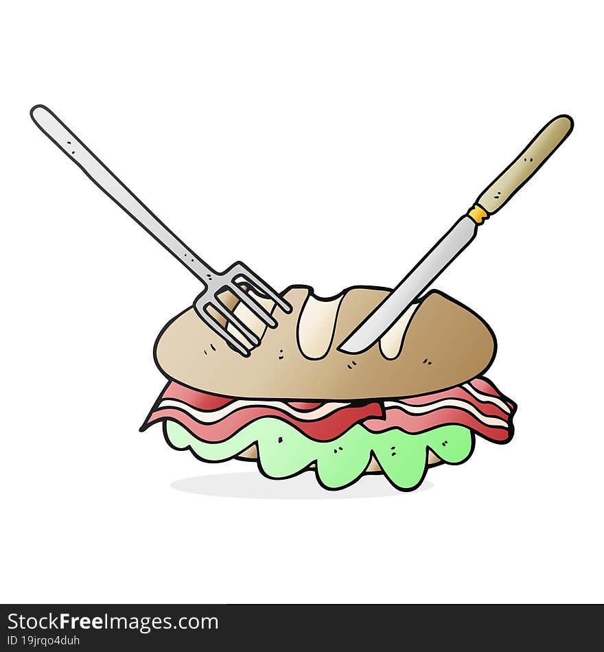 cartoon knife and fork cutting huge sandwich