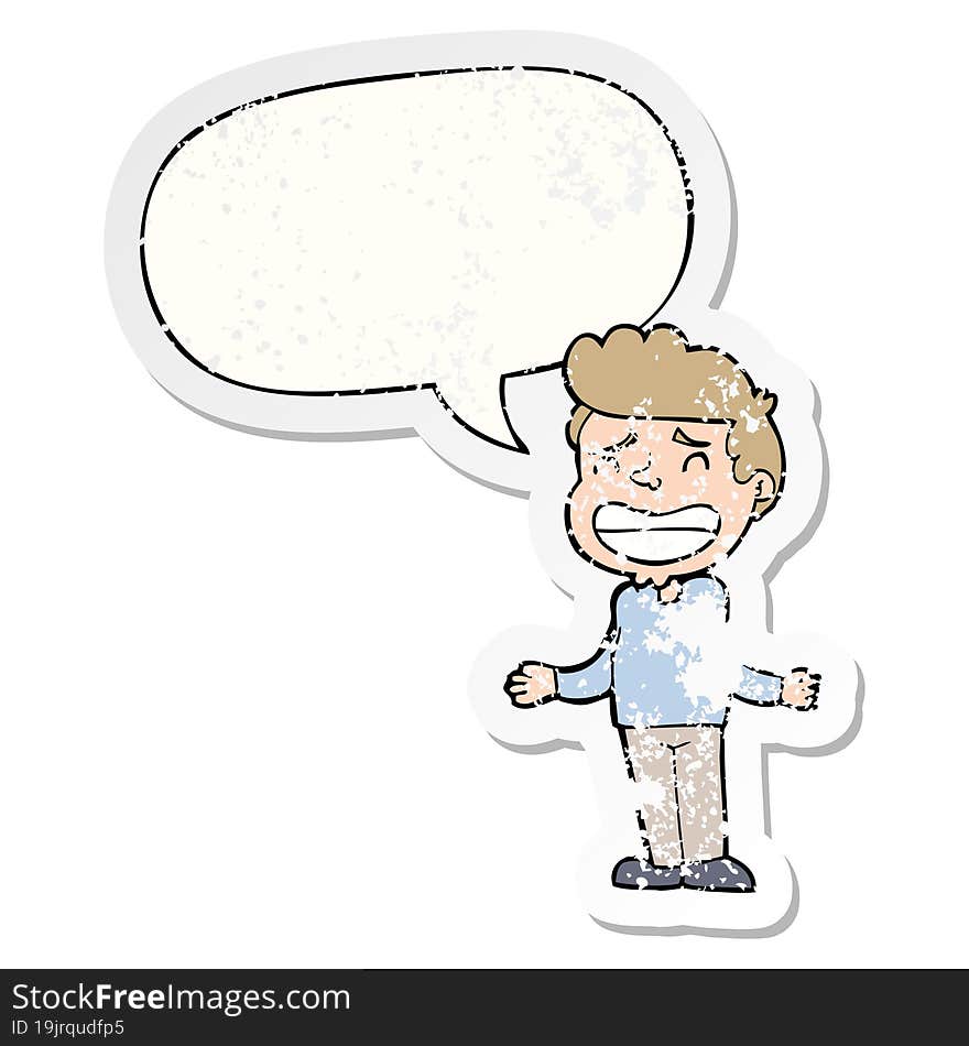 cartoon boy shrugging and speech bubble distressed sticker