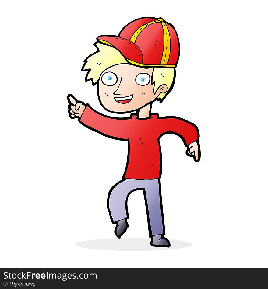 cartoon boy wearing cap pointing. cartoon boy wearing cap pointing