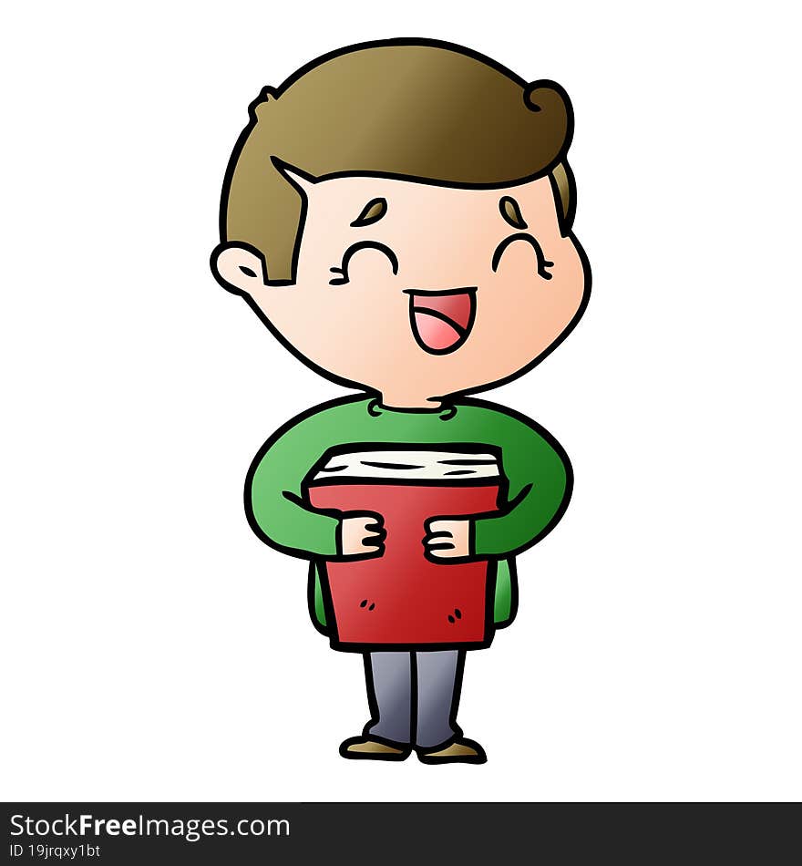 cartoon laughing man holding book. cartoon laughing man holding book