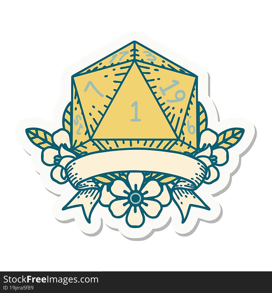 sticker of a natural one d20 dice roll. sticker of a natural one d20 dice roll