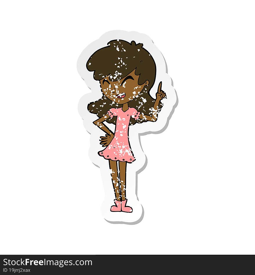 retro distressed sticker of a cartoon girl making point