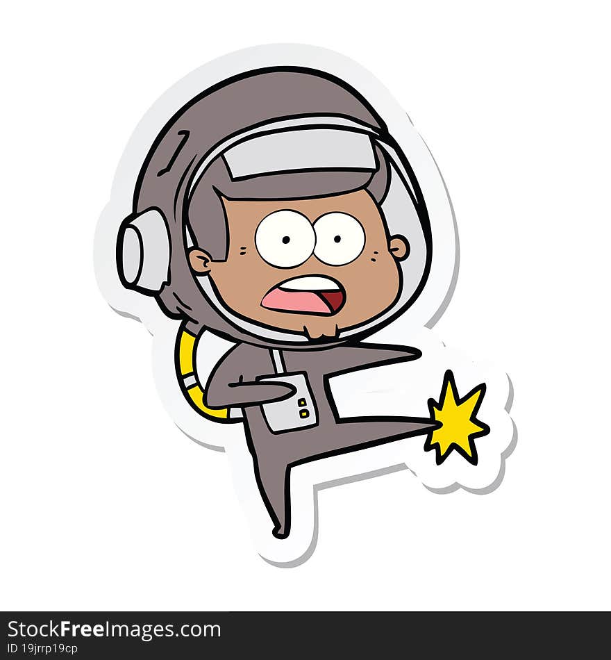 sticker of a cartoon surprised astronaut kicking