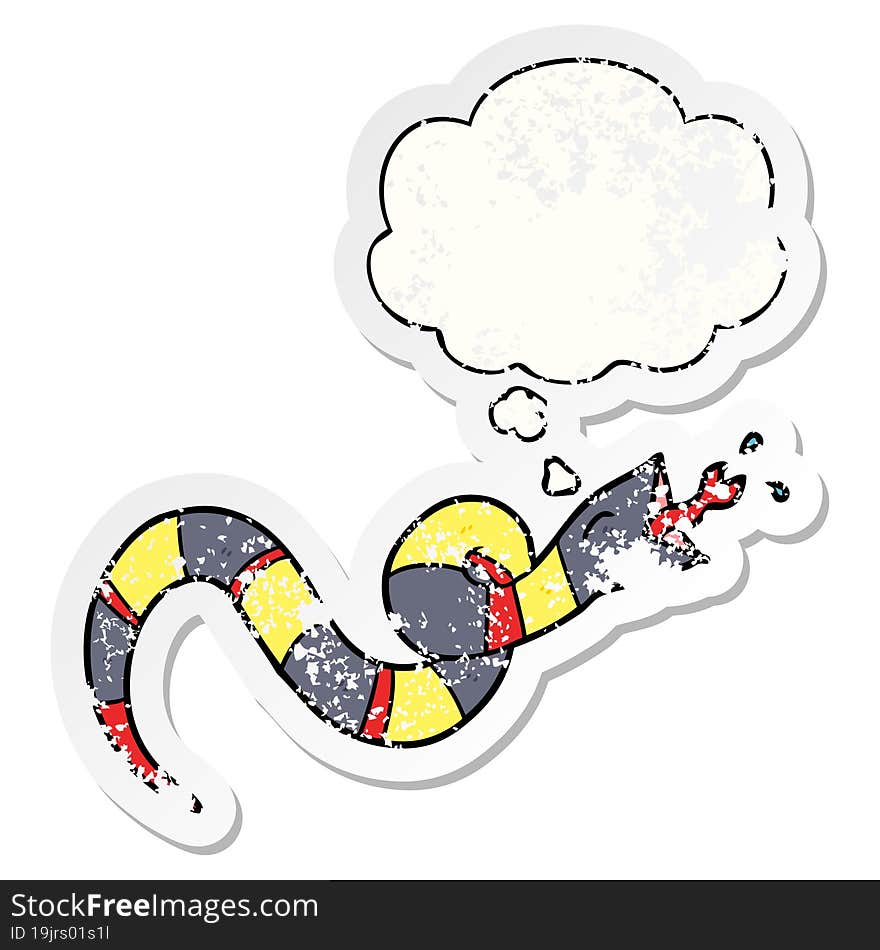 cartoon hissing snake and thought bubble as a distressed worn sticker