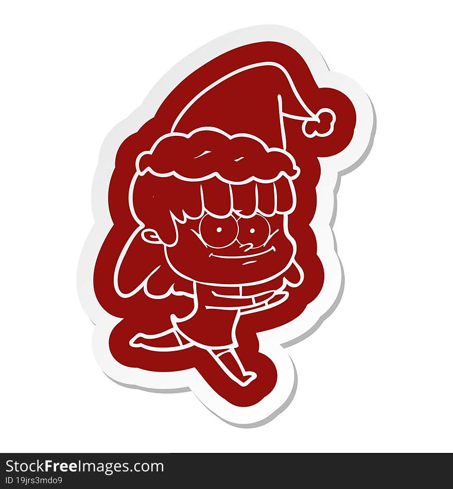 cartoon  sticker of a smiling woman wearing santa hat