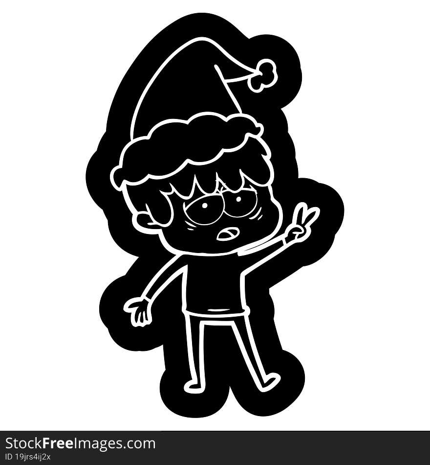 cartoon icon of a exhausted boy wearing santa hat