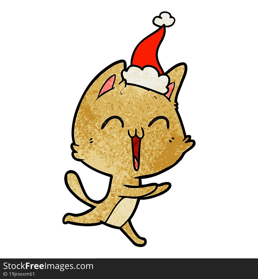 happy textured cartoon of a cat meowing wearing santa hat