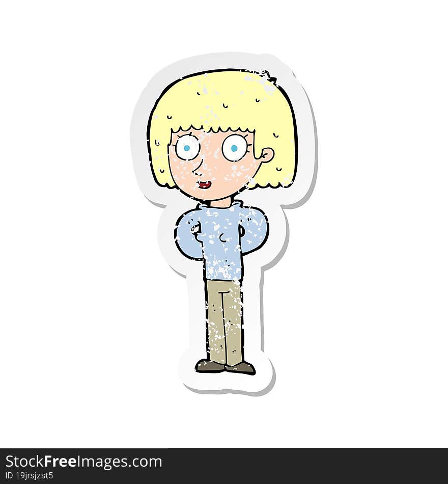 retro distressed sticker of a cartoon staring woman