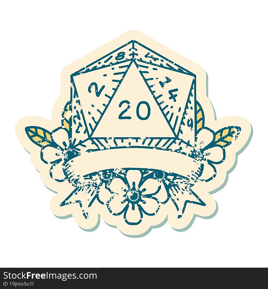 Retro Tattoo Style natural 20 critical hit D20 dice roll. Retro Tattoo Style natural 20 critical hit D20 dice roll