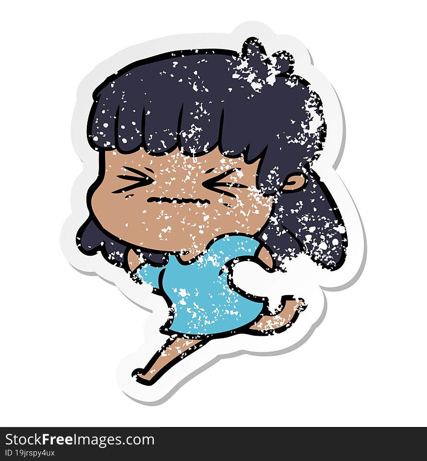 distressed sticker of a cartoon angry girl