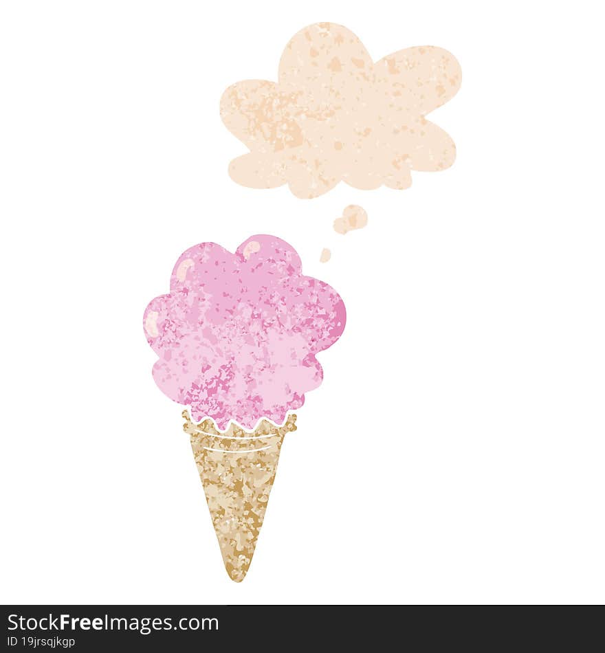 Cartoon Ice Cream And Thought Bubble In Retro Textured Style