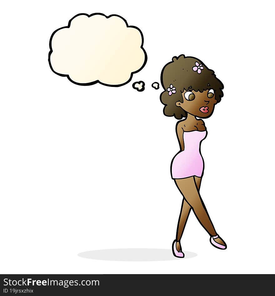 cartoon woman posing in dress with thought bubble