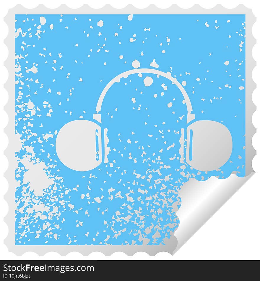 distressed square peeling sticker symbol of a retro headphone