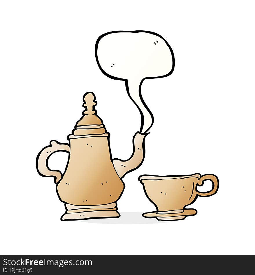 cartoon coffee pot and cup with speech bubble