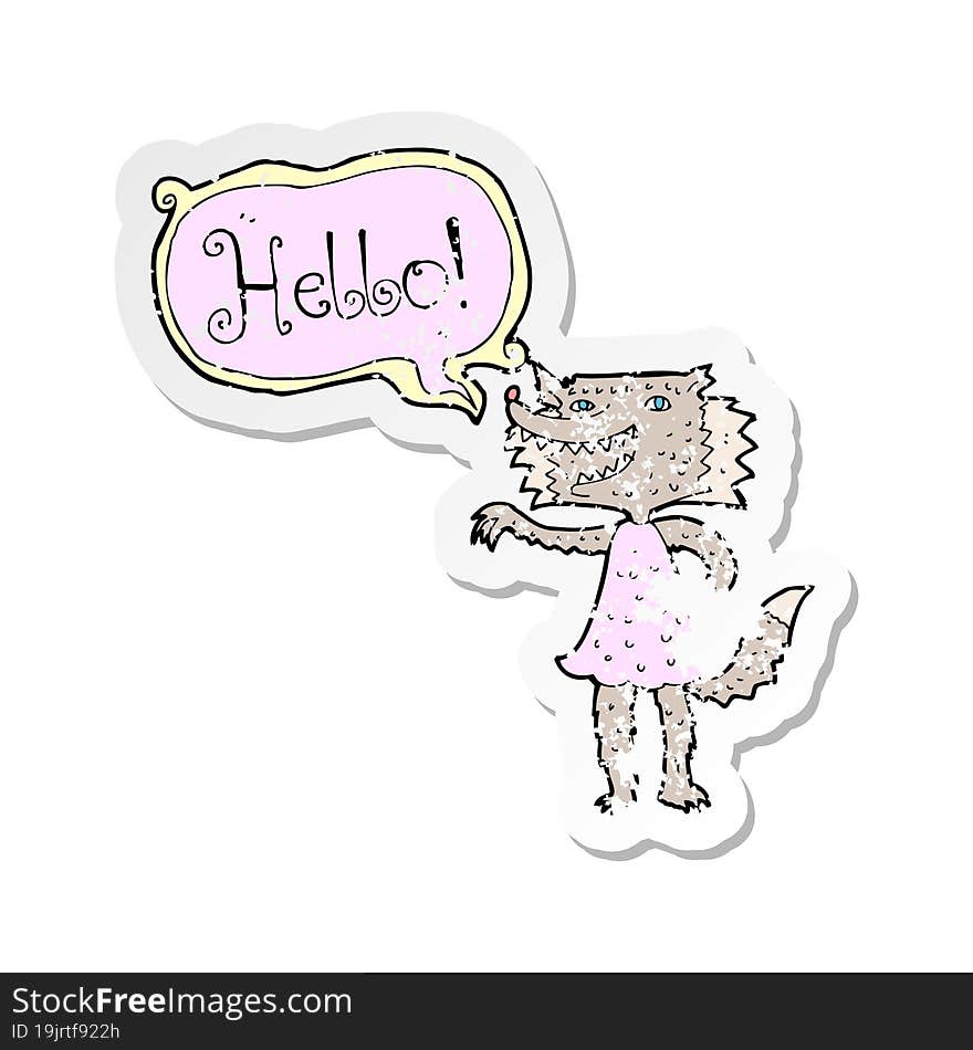 retro distressed sticker of a cartoon wolf girl saying hello