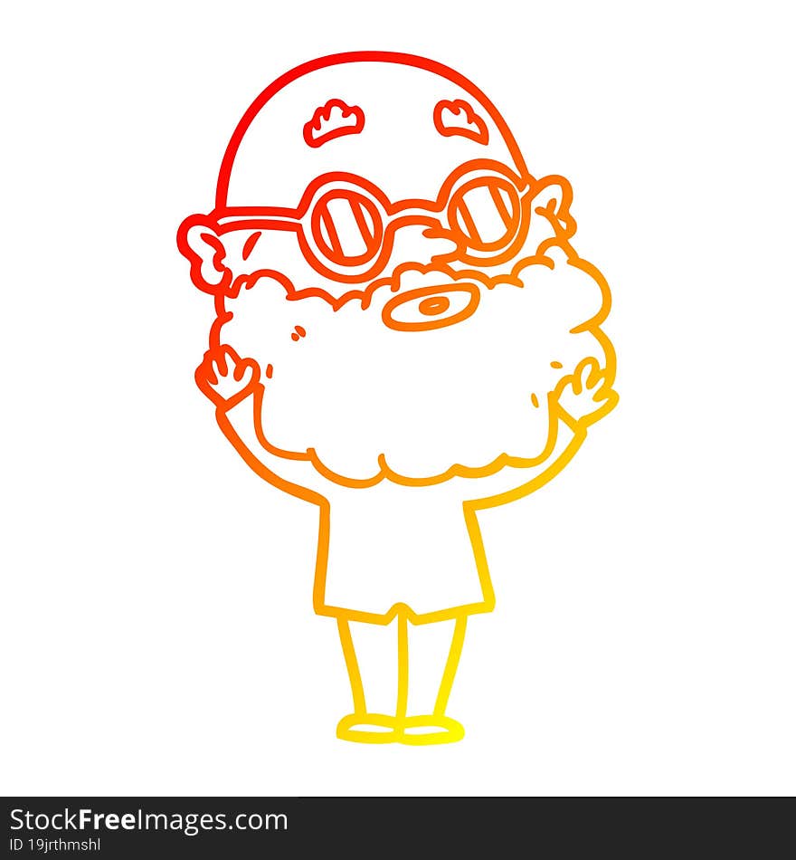 warm gradient line drawing of a cartoon curious man with beard and glasses