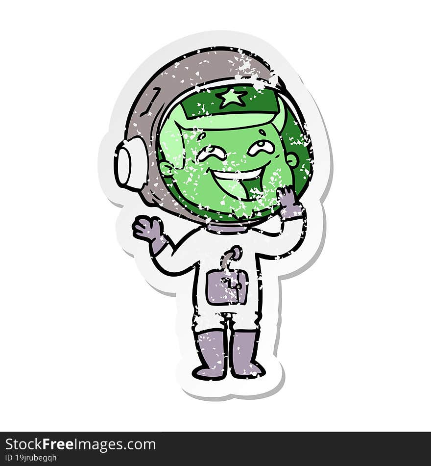 distressed sticker of a cartoon laughing astronaut