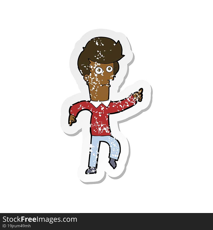 retro distressed sticker of a cartoon man pointing