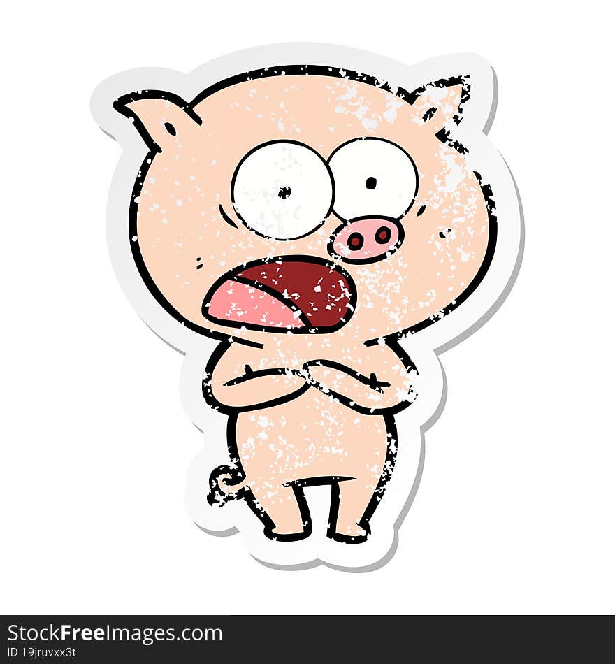 distressed sticker of a cartoon pig shouting