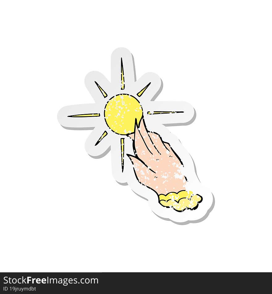 Retro Distressed Sticker Of A Cartoon Hand Reaching For Sun