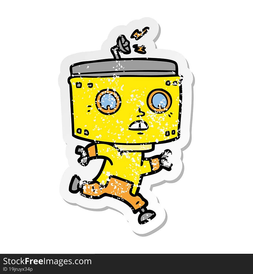 Distressed Sticker Of A Cartoon Robot Running