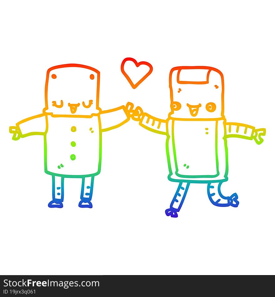 rainbow gradient line drawing of a cartoon robots in love