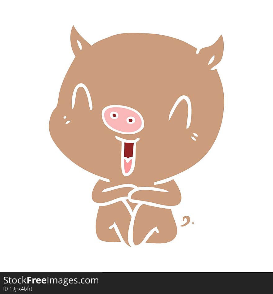 happy flat color style cartoon sitting pig