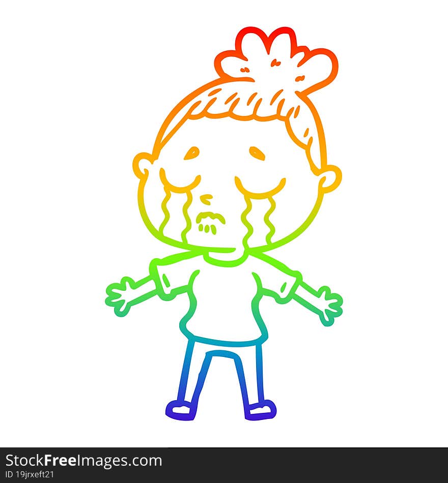 rainbow gradient line drawing of a cartoon crying woman