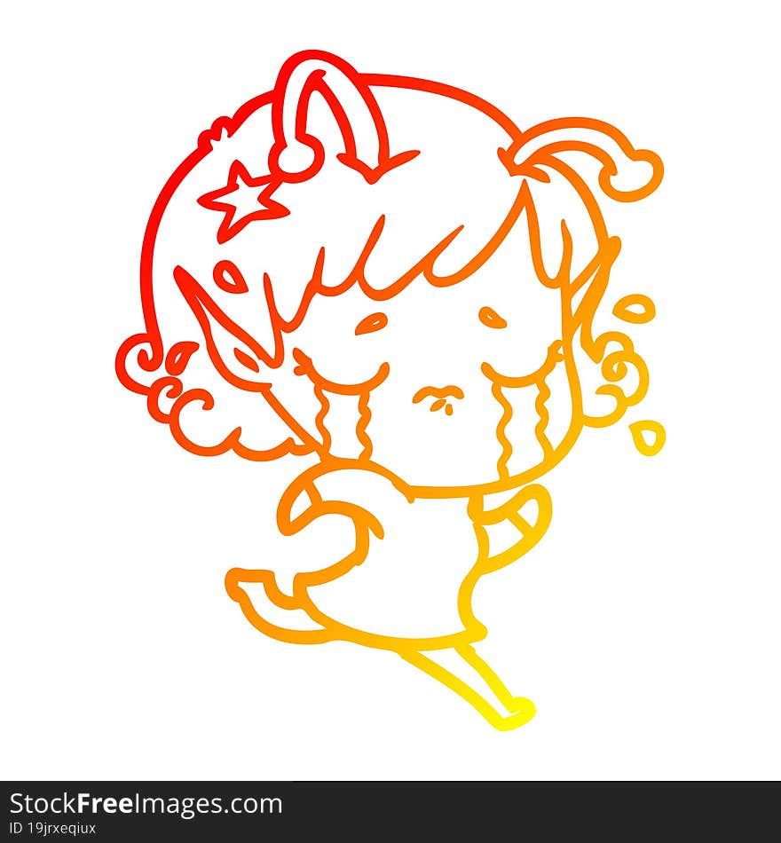 warm gradient line drawing cartoon crying alien girl