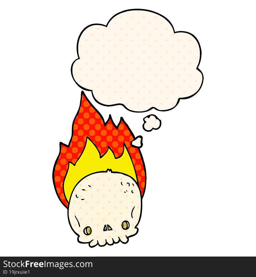 spooky cartoon flaming skull and thought bubble in comic book style