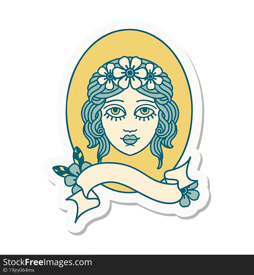 tattoo style sticker with banner of a maiden with flowers in her hair. tattoo style sticker with banner of a maiden with flowers in her hair