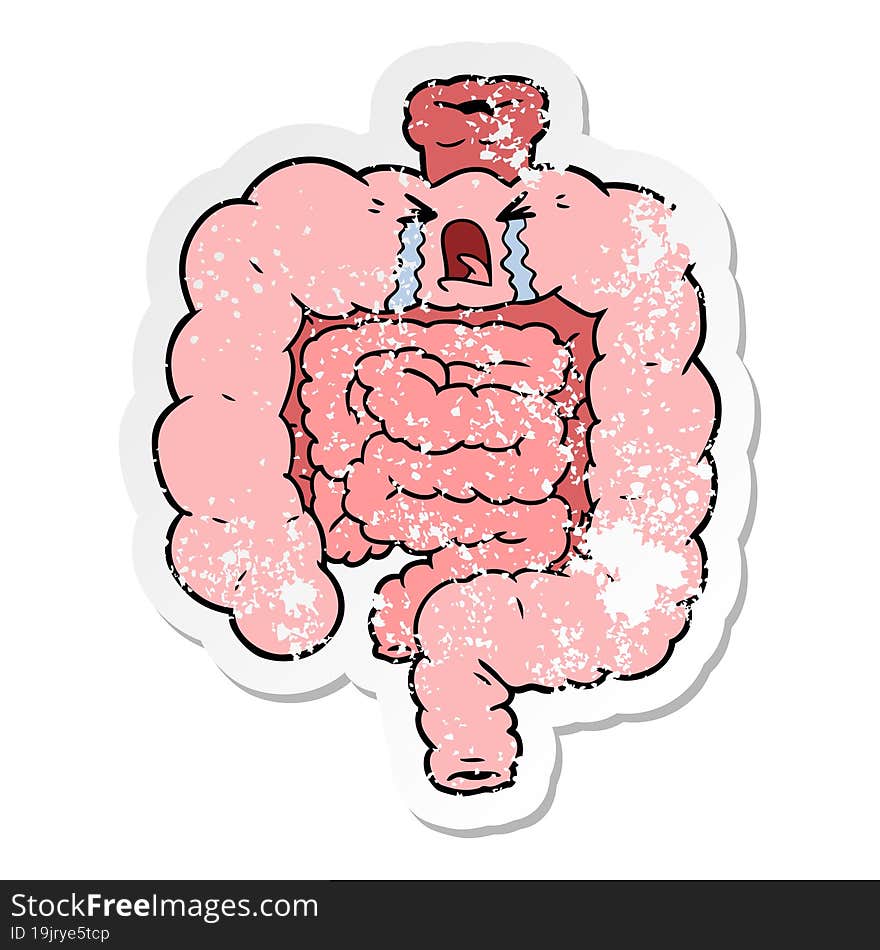 Distressed Sticker Of A Cartoon Intestines Crying