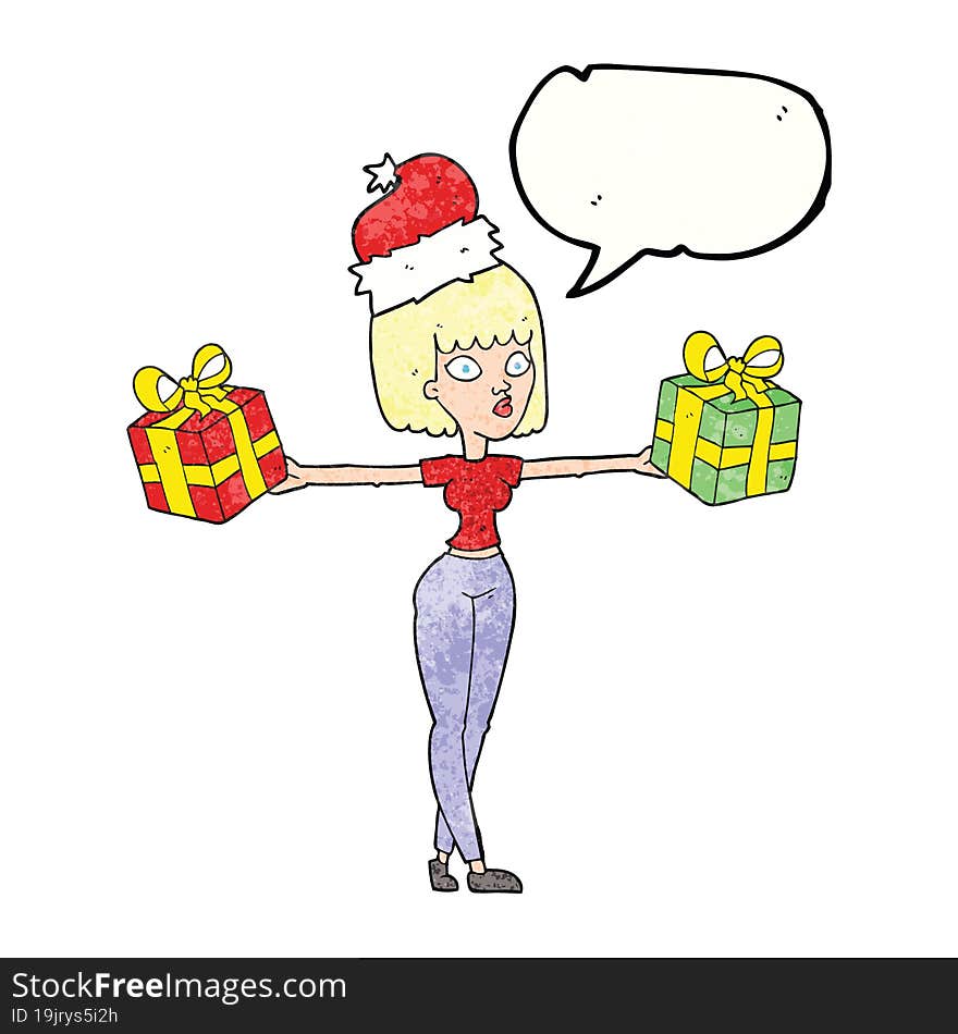 freehand speech bubble textured cartoon woman with xmas presents