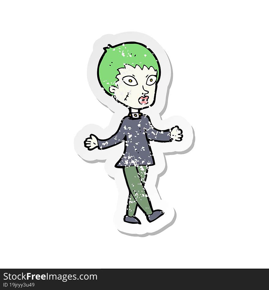 retro distressed sticker of a cartoon halloween zombie woman