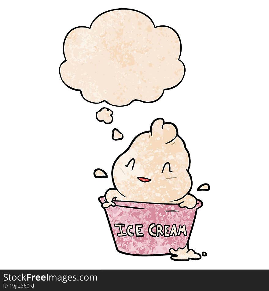 Cute Cartoon Ice Cream And Thought Bubble In Grunge Texture Pattern Style