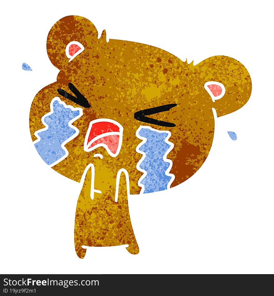 freehand drawn retro cartoon of a cute crying bear