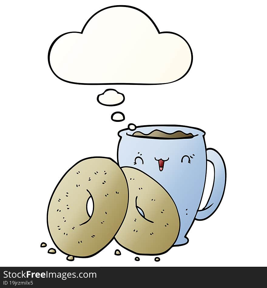 cartoon coffee and donuts with thought bubble in smooth gradient style