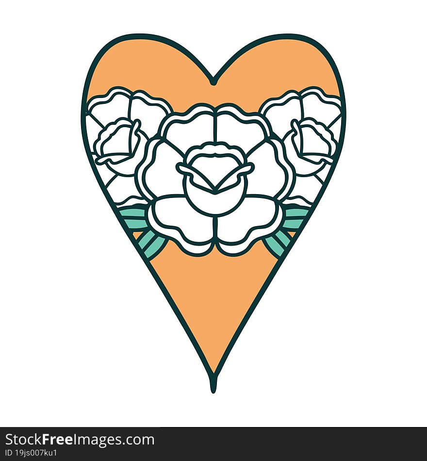 iconic tattoo style image of a heart and flowers. iconic tattoo style image of a heart and flowers