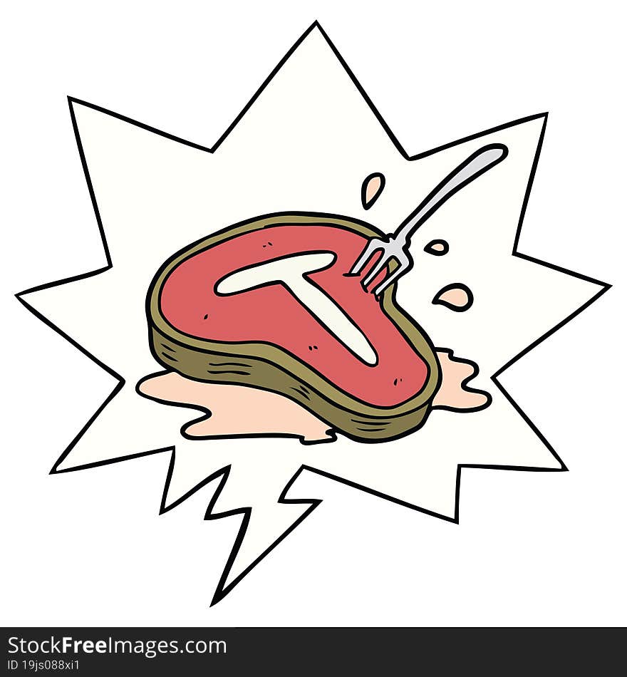 cartoon cooked steak and fork with speech bubble