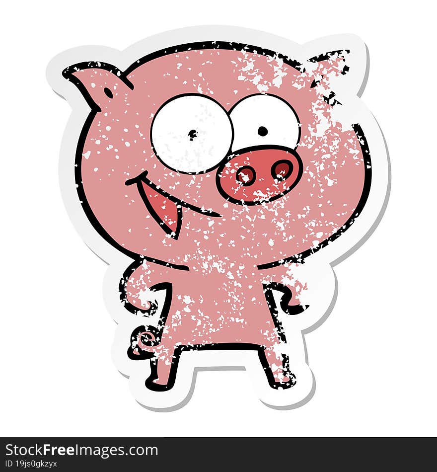 distressed sticker of a cheerful pig cartoon